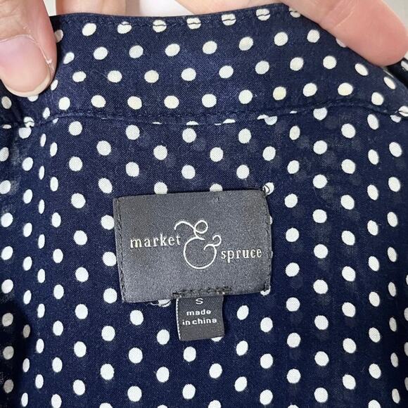 Market & Spruce Women's Top S Blue & White Polka Dot Roll Tab Sleeve 1/4 Button - Picture 7 of 9